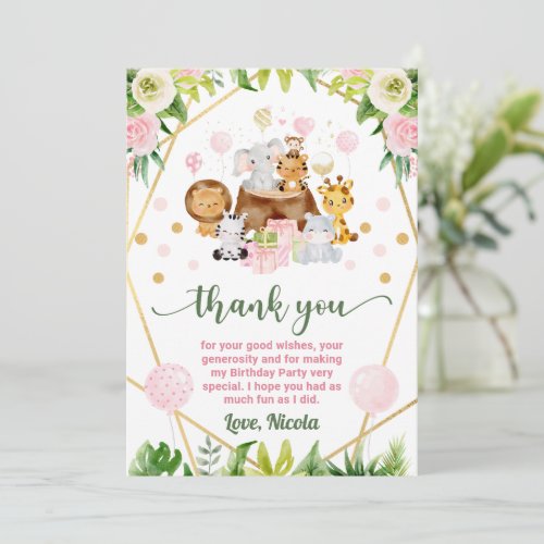 Watercolor Jungle Safari Animals Kids Birthday Thank You Card