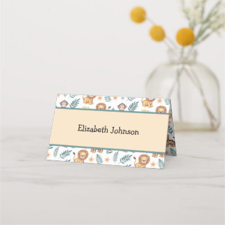 Watercolor Jungle Safari Animals Tropical Leaves Place Card