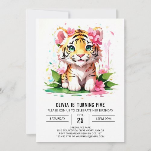 Watercolor Jungle Tiger Girl Birthday Invitation