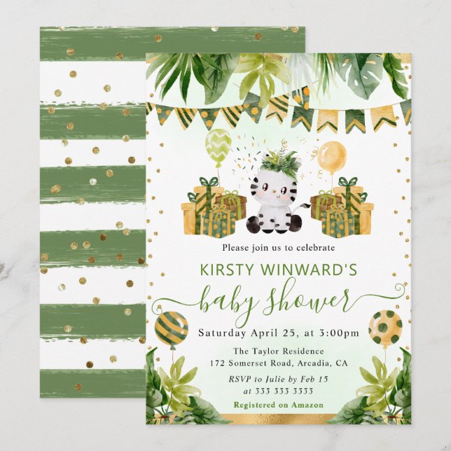 Watercolor Jungle Zebra Baby Shower Invitation (Front/Back)