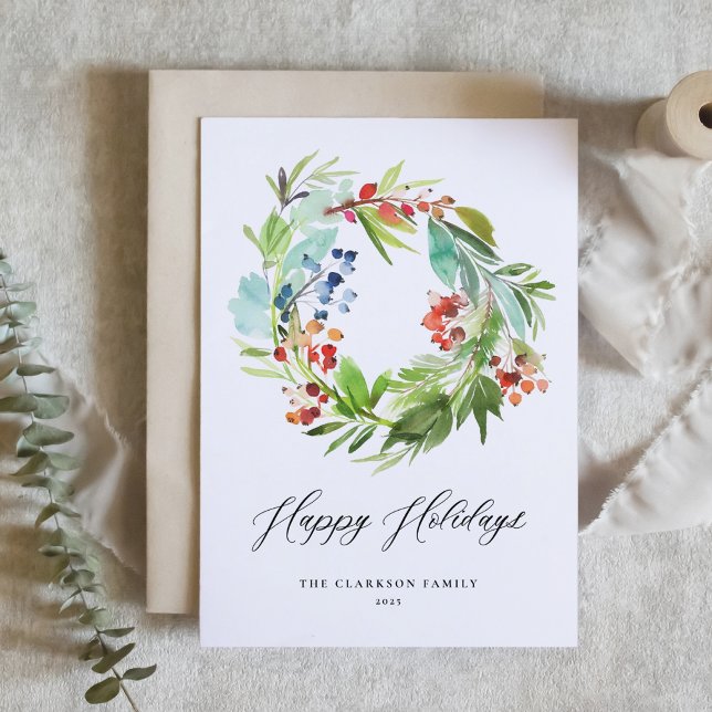 Watercolor Juniper and Holly Wreath Happy Holidays Holiday Card (Creator Uploaded)