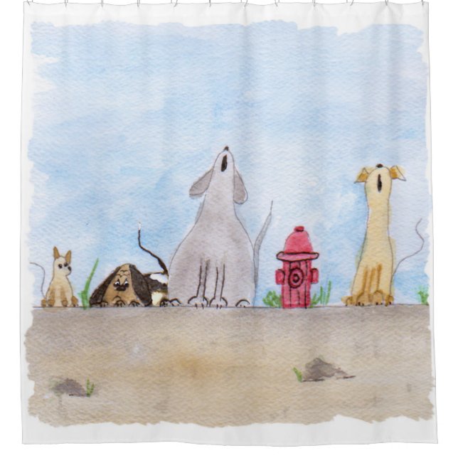 Watercolor Junkyard Dogs Shower Curtain (Front)