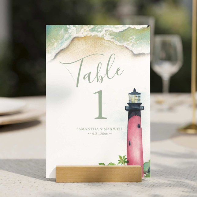 Watercolor Jupiter Lighthouse Table Number (Beach wedding Jupiter lighthouse table number features watercolor art by Victoria Grigaliunas)