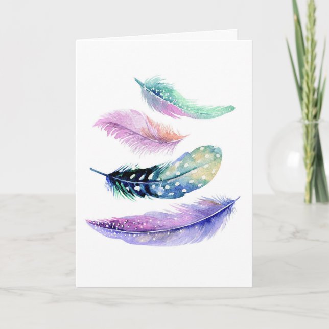 Watercolor Just Because Boho Feathers Card (Front)