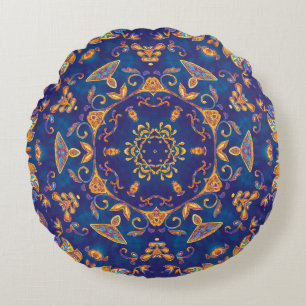 Watercolor Kaleidoscope Mandala Oriental Design. Round Pillow