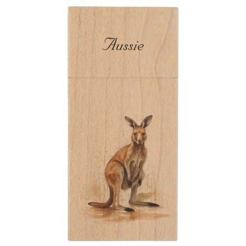 watercolor kangaroo customizable wood flash drive