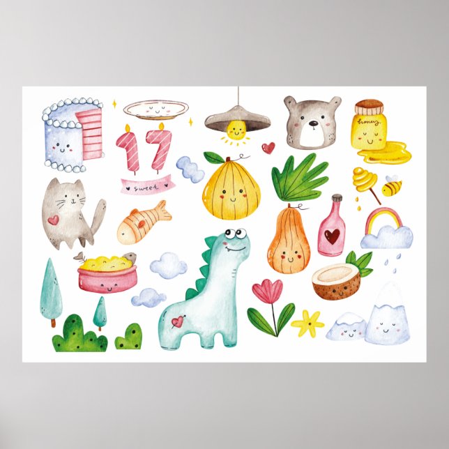 Watercolor kawaii doodles isolated on white backgr poster (Front)