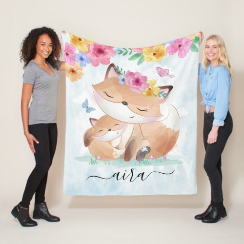 Watercolor Kawaii Fox with Flowers and Custom Name Fleece Blanket