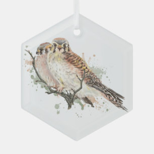 Watercolor Kestrel Falcon Friends Couple Birds Glass Ornament