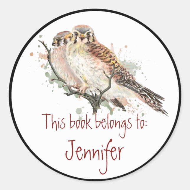 Watercolor Kestrel Hawks Birds  Library Book Plate (Front)