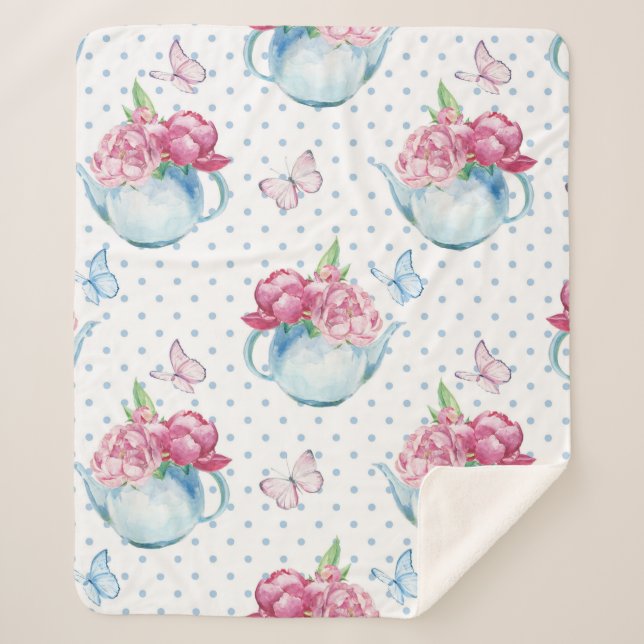 watercolor kettle peony sherpa blanket (Front)