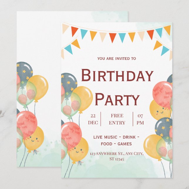 Watercolor Kids Birthday Invitation (Front/Back)