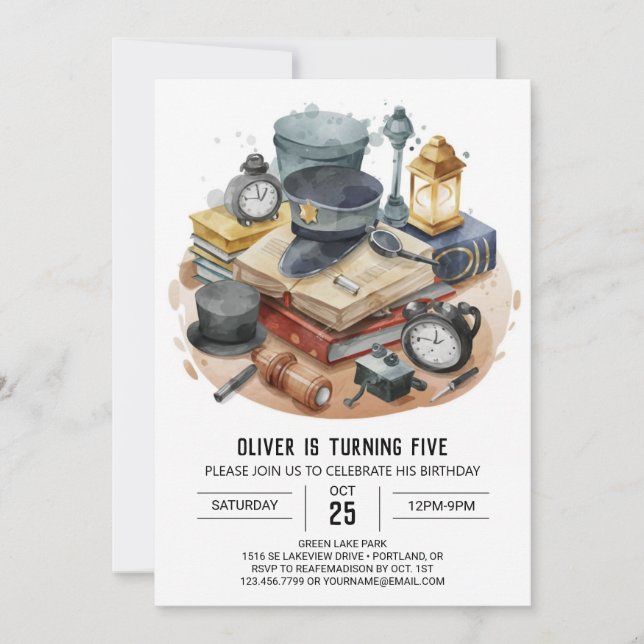 Watercolor Kids Detective Birthday Invitation (Front)