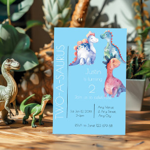Watercolor Kids Dinosaur Turning Two Birthday Invitation