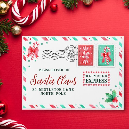 Watercolor Kids Letter to Santa in the North Pole Envelope