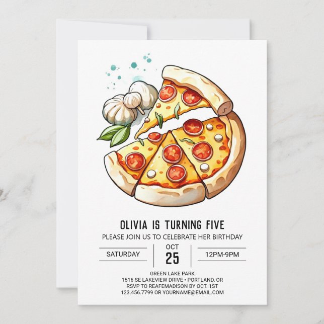 Watercolor Kids Pizza Birthday Invitation (Front)