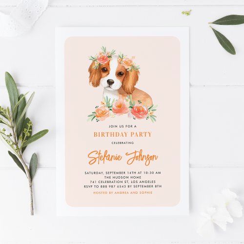 Watercolor King Charles Spaniel Floral Birthday Invitation