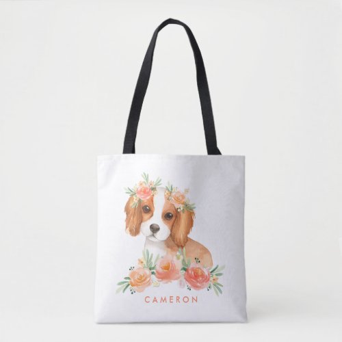 Watercolor King Charles Spaniel Orange Flowers Tote Bag