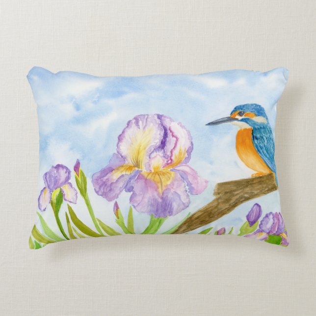 Watercolor Kingfisher with Purple Irises Accent Pillow (Front)