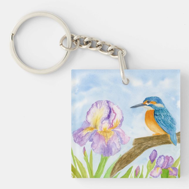 Watercolor Kingfisher with Purple Irises Keychain (Front)