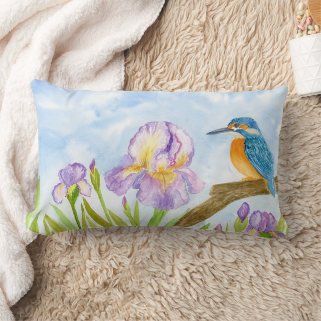 Watercolor Kingfisher with Purple Irises  Lumbar Pillow (Blanket)