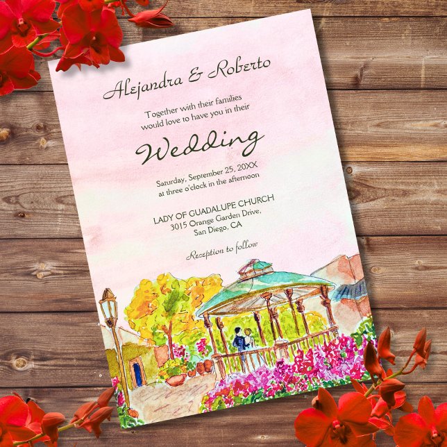 Watercolor Kiosk with Florals Old Mexico Wedding Invitation (Creator Uploaded)