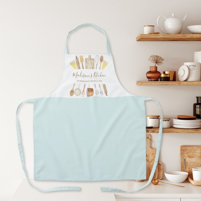 Watercolor Kitchen Cooking Utensils Pastel Blue Apron (In situ)