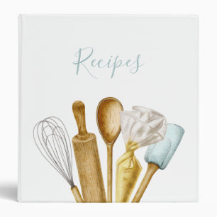 Watercolor Kitchen Cooking Utensils Recipe 3 Ring  Binder