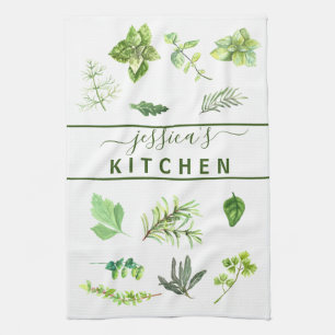 Watercolor Kitchen Herbs Greenery Personalized Towel