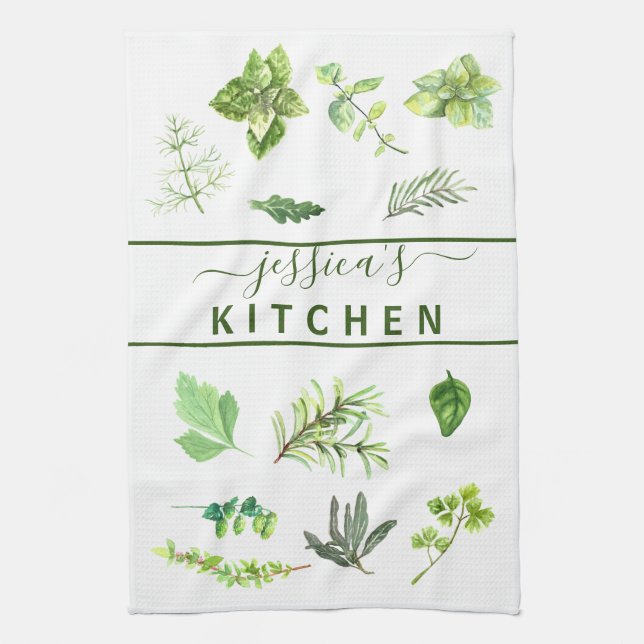 Watercolor Kitchen Herbs Greenery Personalized Towel (Vertical)
