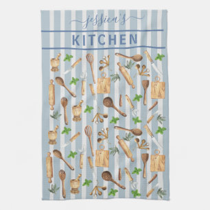 Watercolor Kitchen Monogram Utensils Modern Blue Towel
