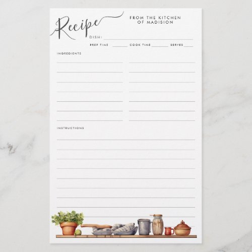 Watercolor Kitchen Shelf Pot Utensils Recipe Sheet