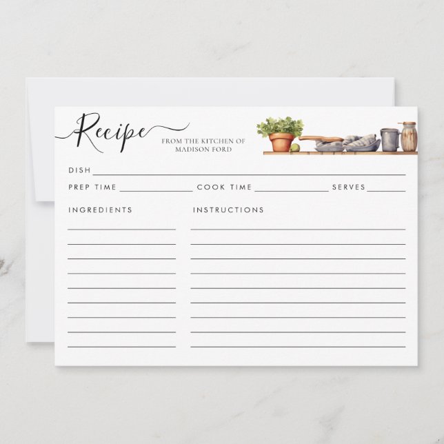 Watercolor Kitchen Shelf Pots Utensils Recipe Card (Front)