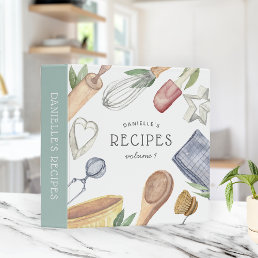 Watercolor Kitchen Supplies Personalized Recipe 3 Ring Binder