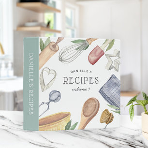 Watercolor Kitchen Supplies Personalized Recipe 3 Ring Binder