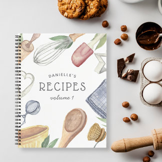 Watercolor Kitchen Supplies Personalized Recipe Notebook