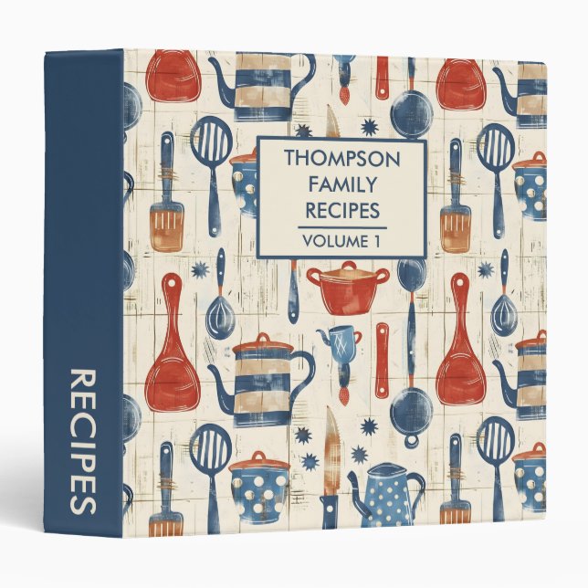 Watercolor Kitchen Tools Personalized Recipe 3 Ring Binder (Front/Spine)