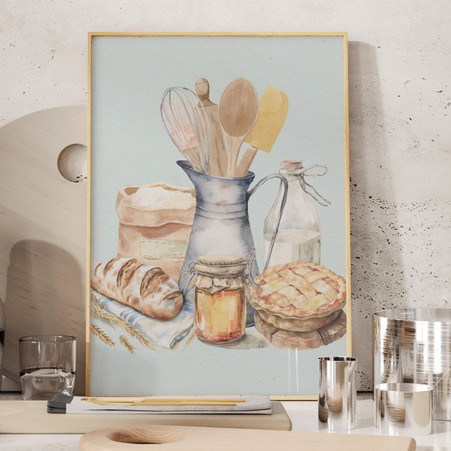 Watercolor Kitchen Utensil Baking Supplies Bread Poster (In situ)