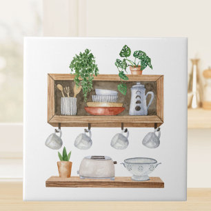 Watercolor Kitchen Utensils Boho Style Ceramic Tile