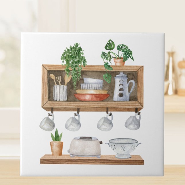 Watercolor Kitchen Utensils Boho Style Ceramic Tile (Close up)