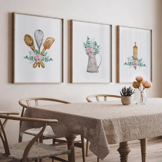 Watercolor Kitchen Utensils & Floral Wall Art Sets