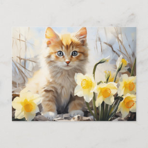 Watercolor Kitten and Daffodils Postcard
