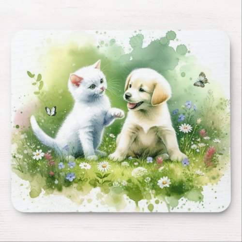 Watercolor Kitten and Puppy Mouse Pad