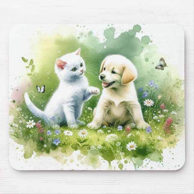 Watercolor Kitten and Puppy Mouse Pad (Front)