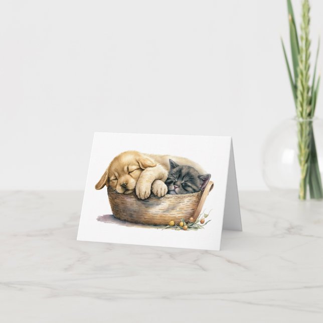 Watercolor Kitten and Puppy Note Card (Front)
