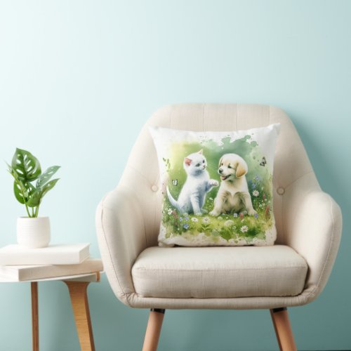 Watercolor Kitten and Puppy Throw Pillow