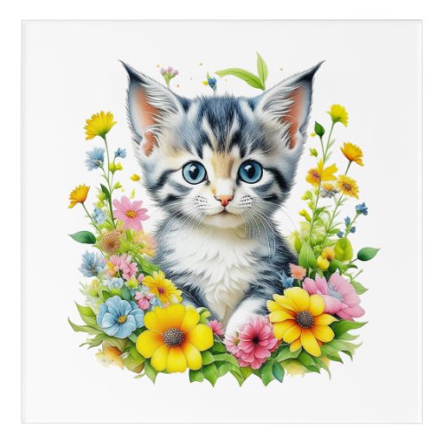 Watercolor Kitten Flowers Christmas Acrylic Print