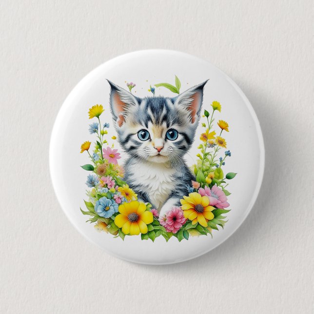 Watercolor Kitten Flowers Christmas Button (Front)