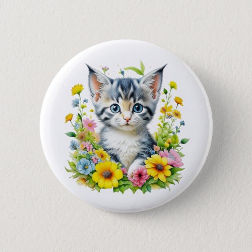 Watercolor Kitten Flowers Christmas Button