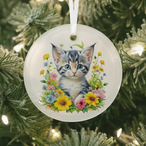 Watercolor Kitten Flowers Christmas Glass Ornament